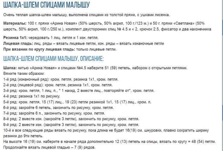 Детская шапочка эльф спицами описание схема